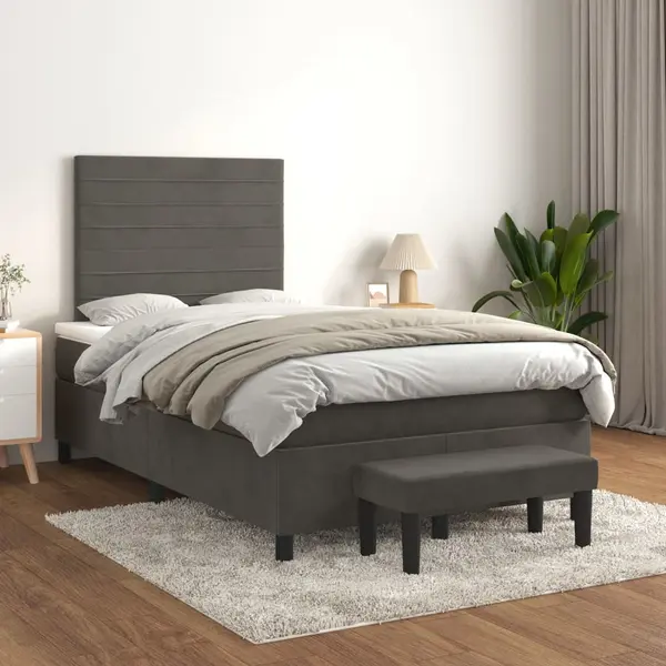 Gossi pat box spring cu saltea, gri inchis, 120x200 cm, catifea