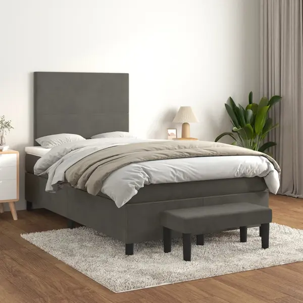 Gossi pat box spring cu saltea, gri inchis, 120x200 cm, catifea