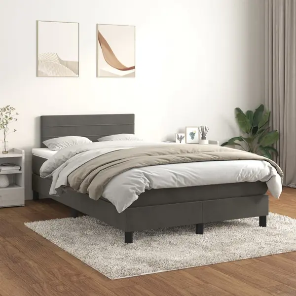 Gossi pat box spring cu saltea, gri inchis, 120x200 cm, catifea