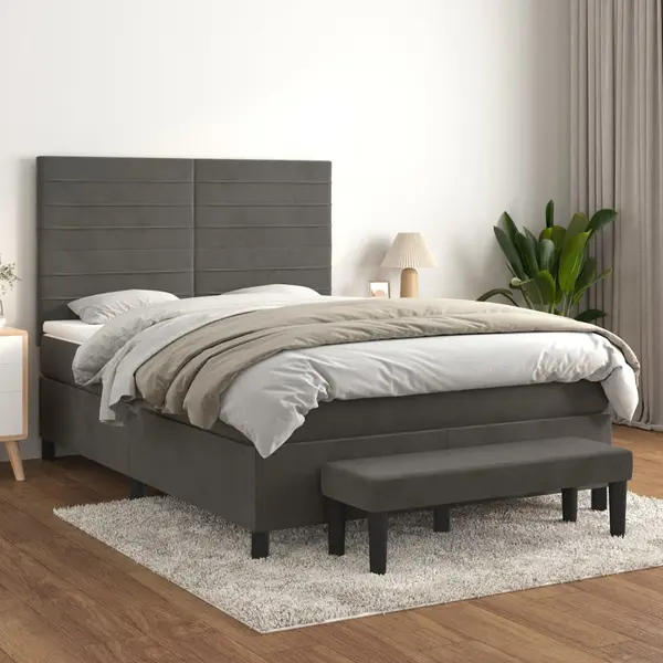 Gossi pat box spring cu saltea, gri inchis, 140x190 cm, catifea