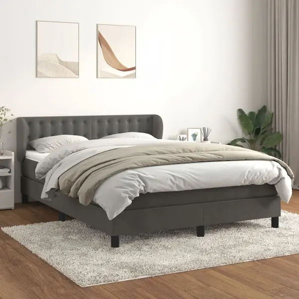 Gossi pat box spring cu saltea, gri inchis, 140x190 cm, catifea