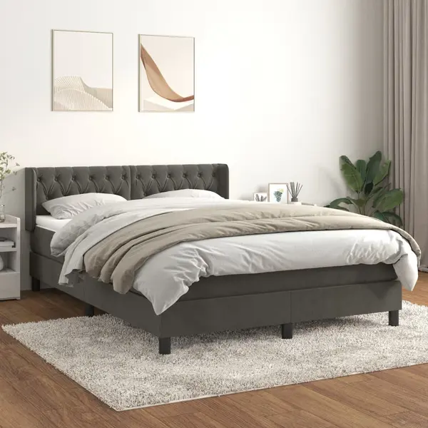 Gossi pat box spring cu saltea, gri inchis, 140x190 cm, catifea
