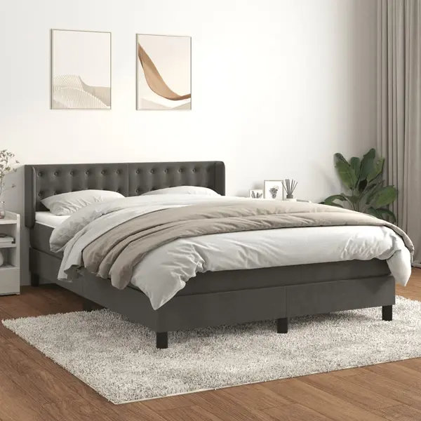 Gossi pat box spring cu saltea, gri inchis, 140x190 cm, catifea