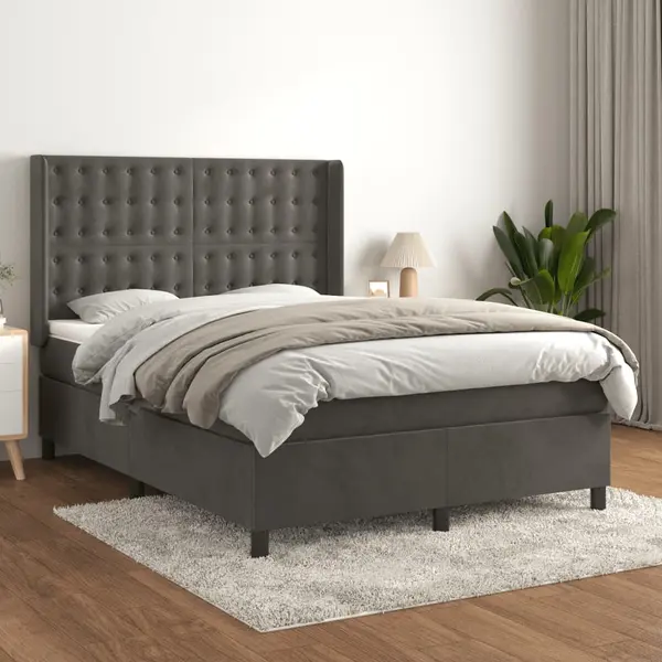 Gossi pat box spring cu saltea, gri inchis, 140x190 cm, catifea