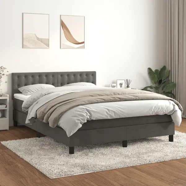 Gossi pat box spring cu saltea, gri inchis, 140x200 cm, catifea