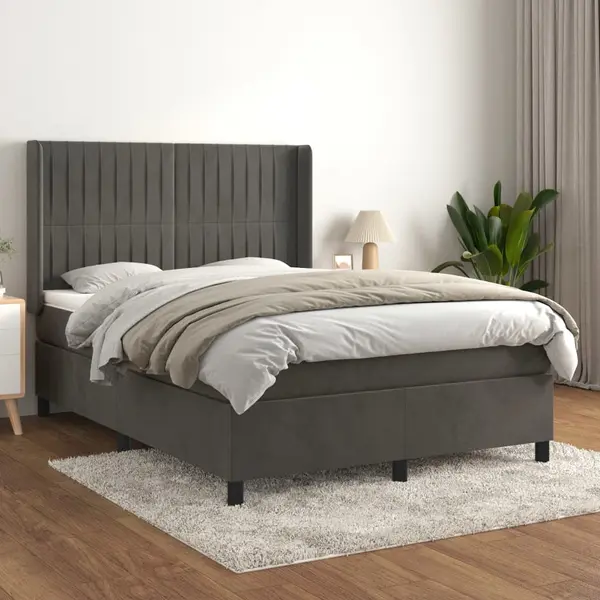 Gossi pat box spring cu saltea, gri inchis, 140x200 cm, catifea