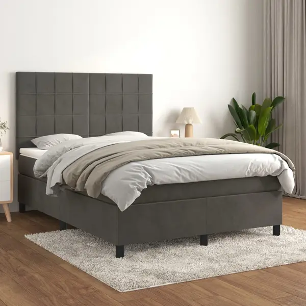 Gossi pat box spring cu saltea, gri inchis, 140x200 cm, catifea