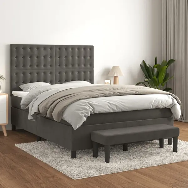 Gossi pat box spring cu saltea, gri inchis, 140x200 cm, catifea
