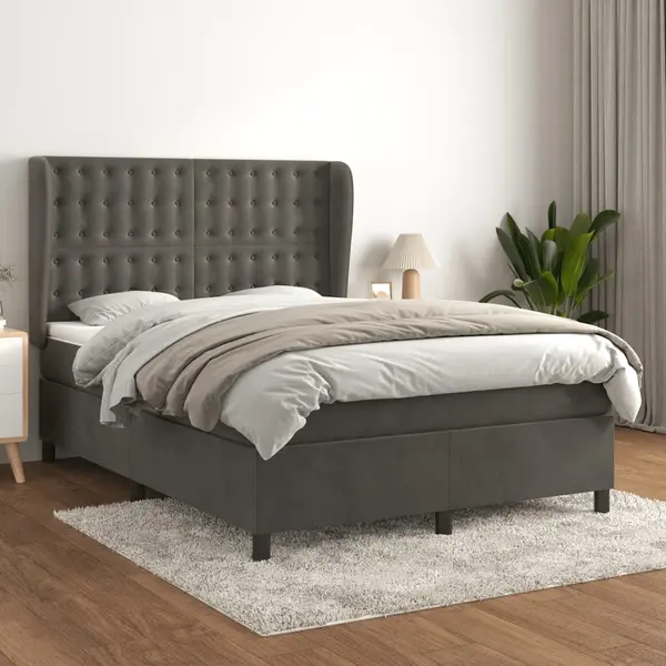 Gossi pat box spring cu saltea, gri inchis, 140x200 cm, catifea