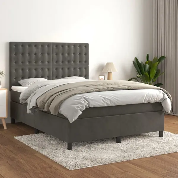 Gossi pat box spring cu saltea, gri inchis, 140x200 cm, catifea