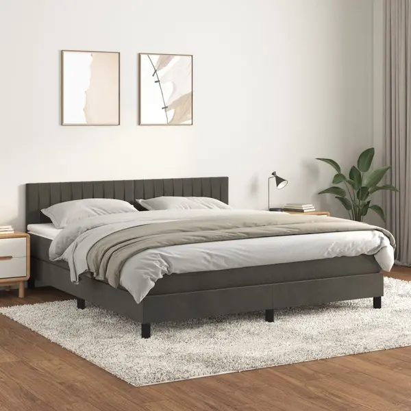 Gossi pat box spring cu saltea, gri inchis, 160x200 cm, catifea