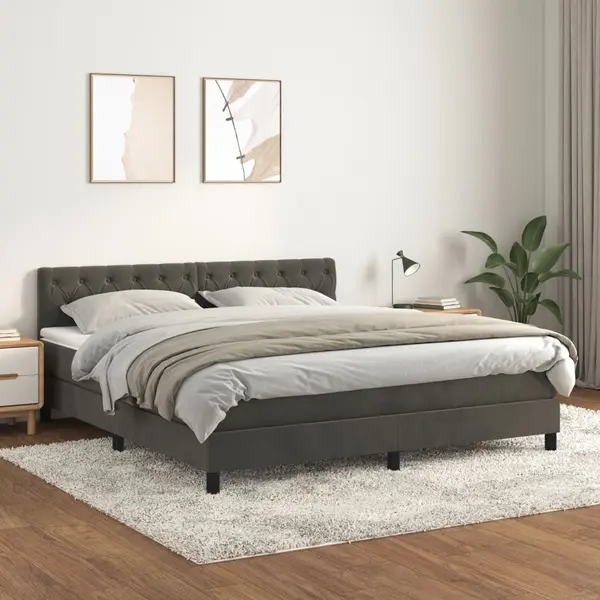 Gossi pat box spring cu saltea, gri inchis, 160x200 cm, catifea