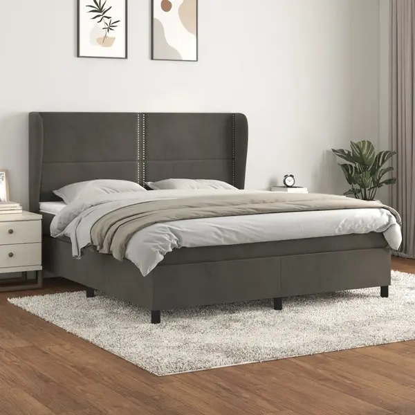 Gossi pat box spring cu saltea, gri inchis, 160x200 cm, catifea