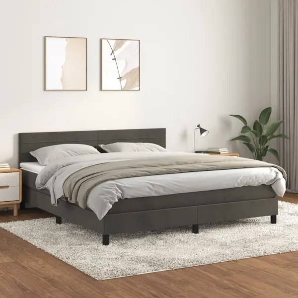 Gossi pat box spring cu saltea, gri inchis, 160x200 cm, catifea