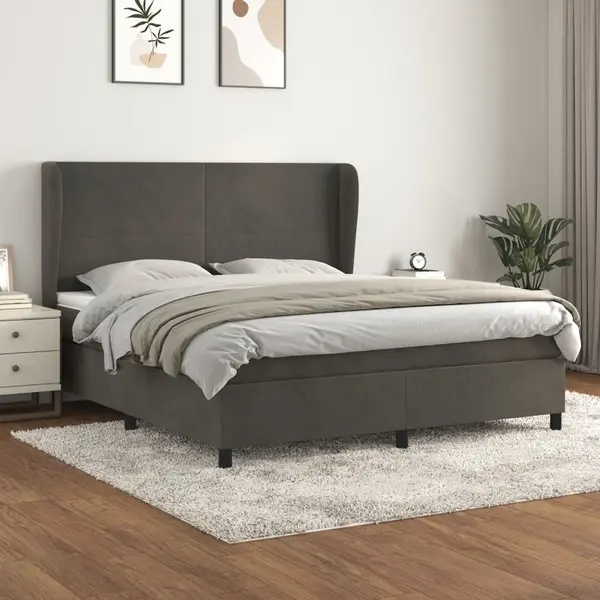 Gossi pat box spring cu saltea, gri inchis, 160x200 cm, catifea