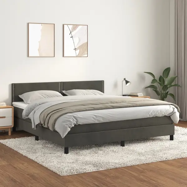 Gossi pat box spring cu saltea, gri inchis, 160x200 cm, catifea