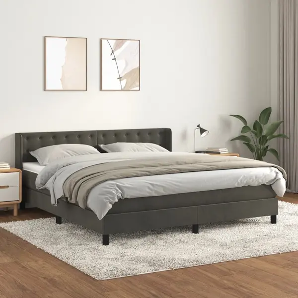 Gossi pat box spring cu saltea, gri inchis, 160x200 cm, catifea