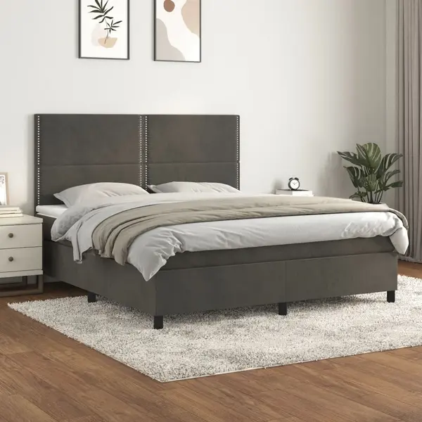 Gossi pat box spring cu saltea, gri inchis, 180x200 cm, catifea