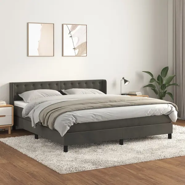 Gossi pat box spring cu saltea, gri inchis, 180x200 cm, catifea