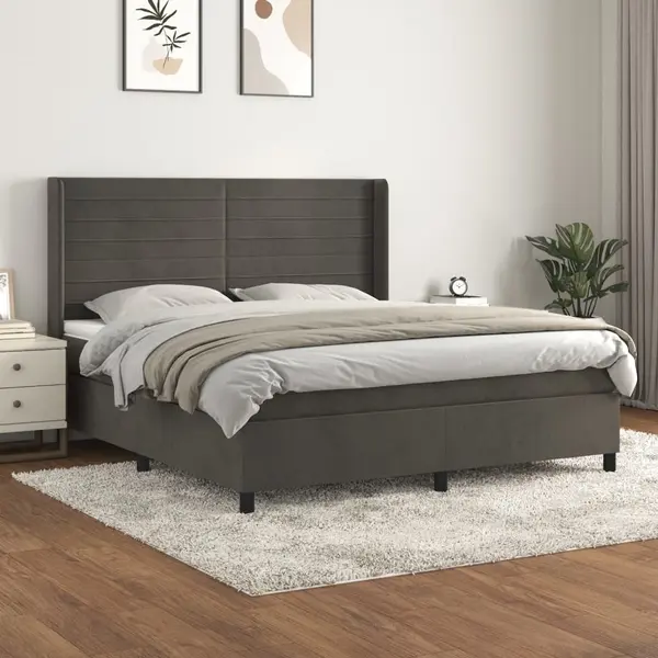 Gossi pat box spring cu saltea, gri inchis, 180x200 cm, catifea