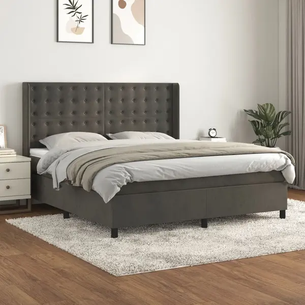 Gossi pat box spring cu saltea, gri inchis, 180x200 cm, catifea
