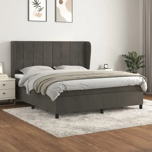 Gossi pat box spring cu saltea, gri inchis, 180x200 cm, catifea