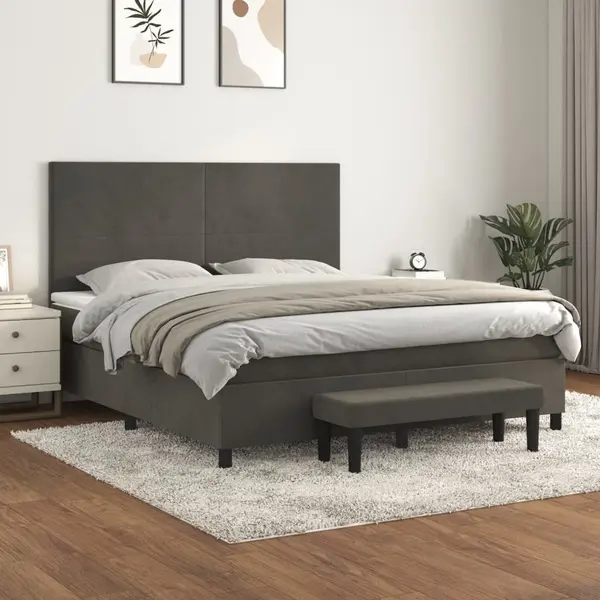 Gossi pat box spring cu saltea, gri inchis, 180x200 cm, catifea