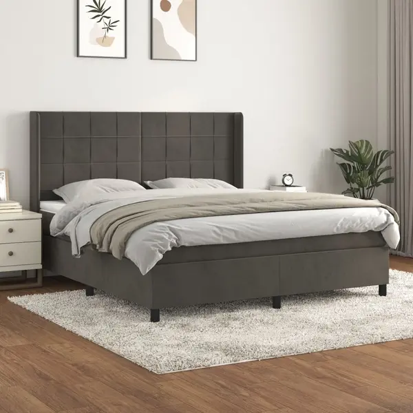Gossi pat box spring cu saltea, gri inchis, 180x200 cm, catifea