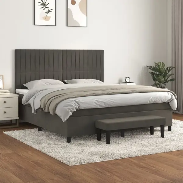 Gossi pat box spring cu saltea, gri inchis, 180x200 cm, catifea