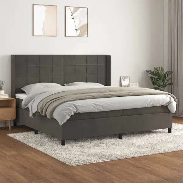 Gossi pat box spring cu saltea, gri inchis, 200x200 cm, catifea