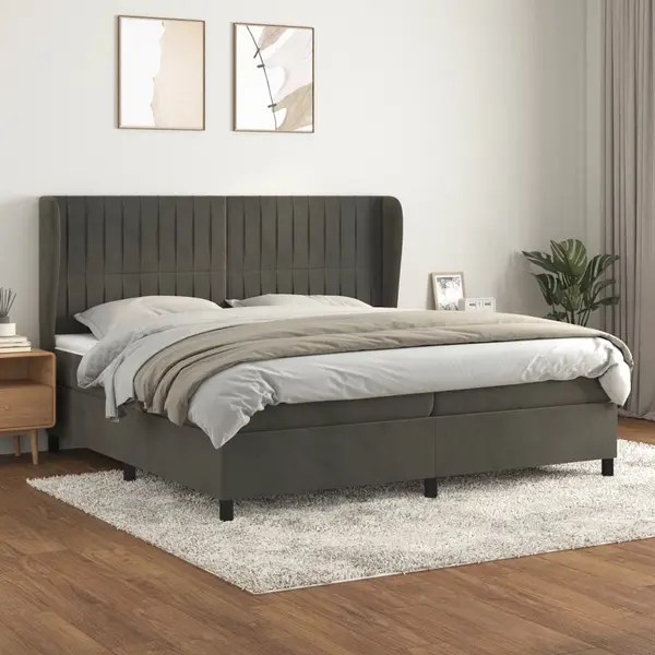 Gossi pat box spring cu saltea, gri inchis, 200x200 cm, catifea