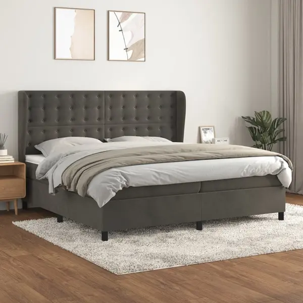 Gossi pat box spring cu saltea, gri inchis, 200x200 cm, catifea