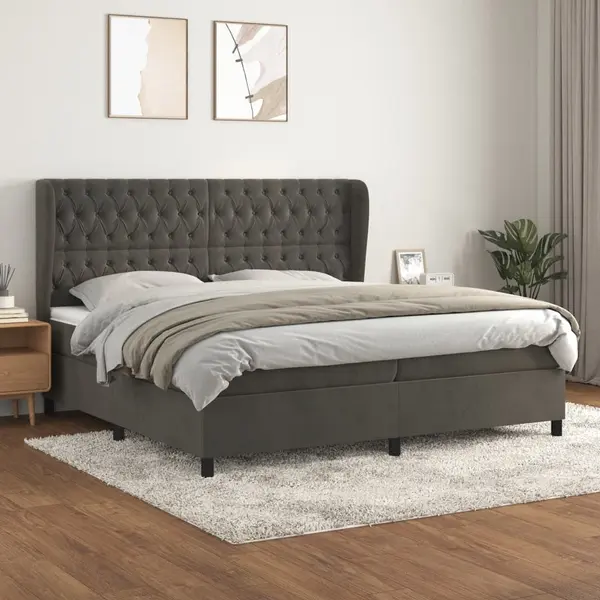 Gossi pat box spring cu saltea, gri inchis, 200x200 cm, catifea