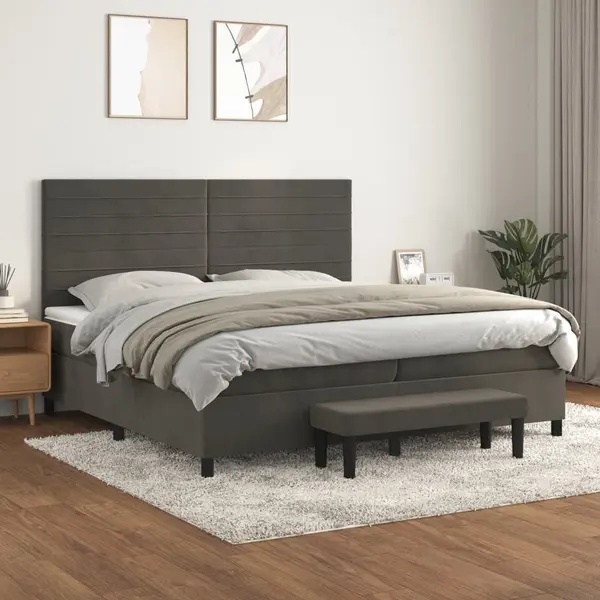 Gossi pat box spring cu saltea, gri inchis, 200x200 cm, catifea