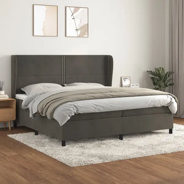 Gossi pat box spring cu saltea, gri inchis, 200x200 cm, catifea