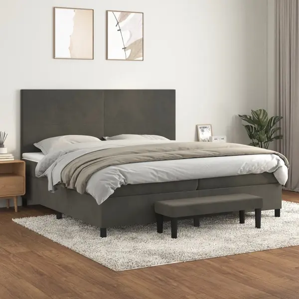 Gossi pat box spring cu saltea, gri inchis, 200x200 cm, catifea