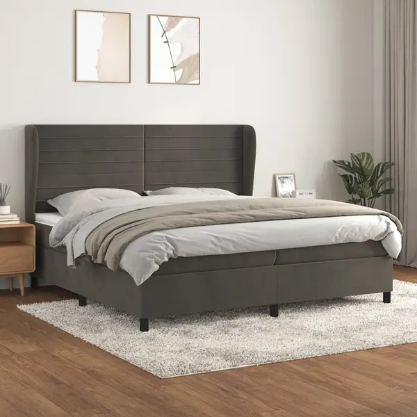 Gossi pat box spring cu saltea, gri inchis, 200x200 cm, catifea
