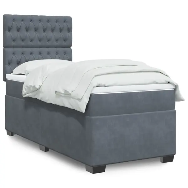 Gossi pat box spring cu saltea, gri inchis, 80x200 cm, catifea