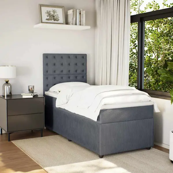 Gossi pat box spring cu saltea, gri inchis, 80x200 cm, catifea