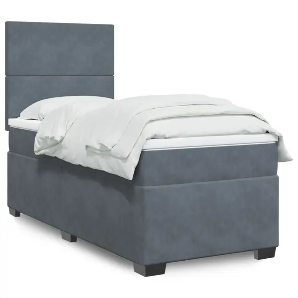 Gossi pat box spring cu saltea, gri inchis, 80x200 cm, catifea
