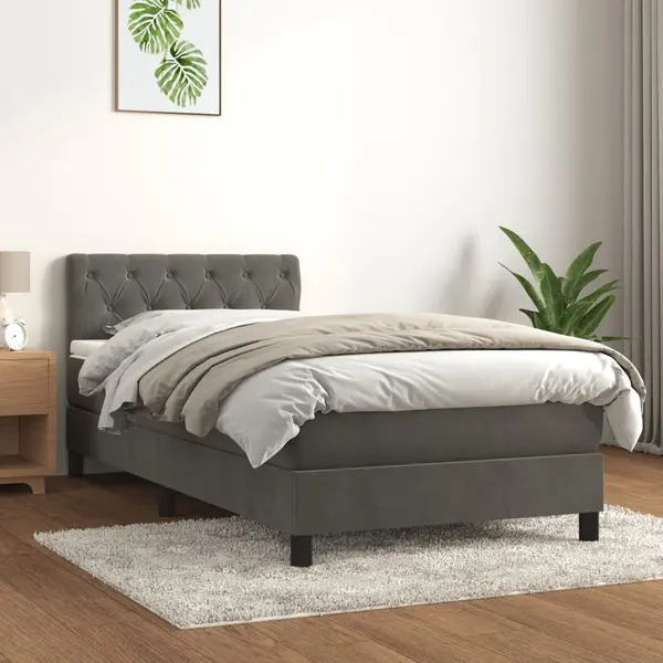Gossi pat box spring cu saltea, gri inchis, 80x200 cm, catifea