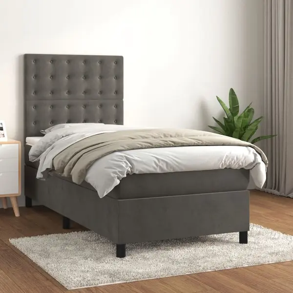 Gossi pat box spring cu saltea, gri inchis, 80x200 cm, catifea