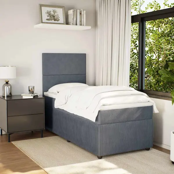 Gossi pat box spring cu saltea, gri inchis, 80x200 cm, catifea