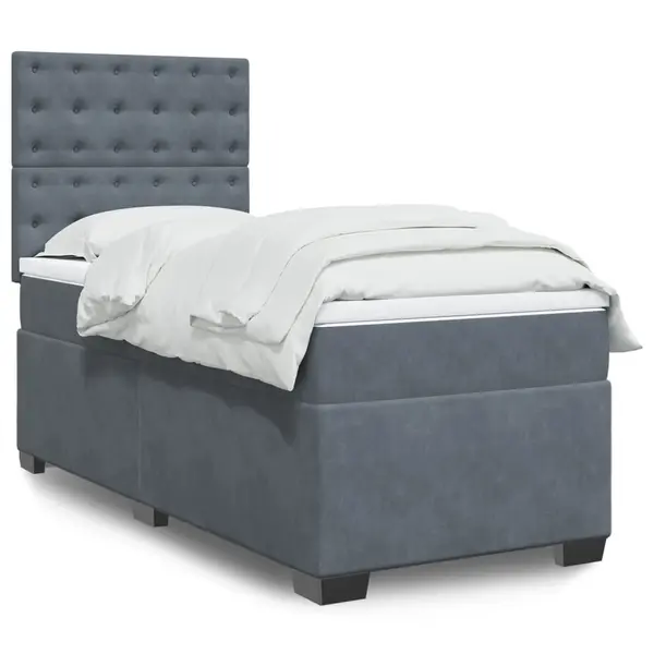 Gossi pat box spring cu saltea, gri inchis, 80x200 cm, catifea