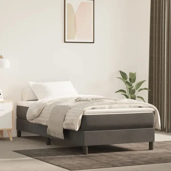 Gossi pat box spring cu saltea, gri inchis, 80x200 cm, catifea