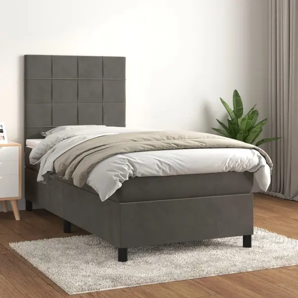 Gossi pat box spring cu saltea, gri inchis, 80x200 cm, catifea