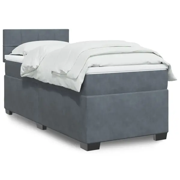 Gossi pat box spring cu saltea, gri inchis, 90x190 cm, catifea