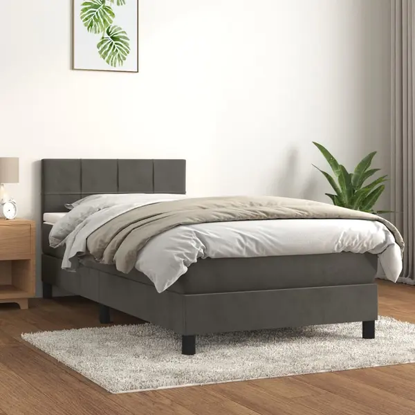 Gossi pat box spring cu saltea, gri inchis, 90x190 cm, catifea