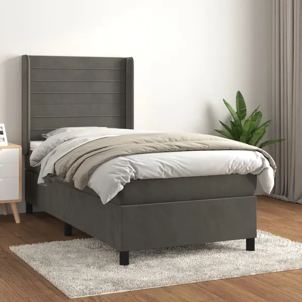 Gossi pat box spring cu saltea, gri inchis, 90x190 cm, catifea