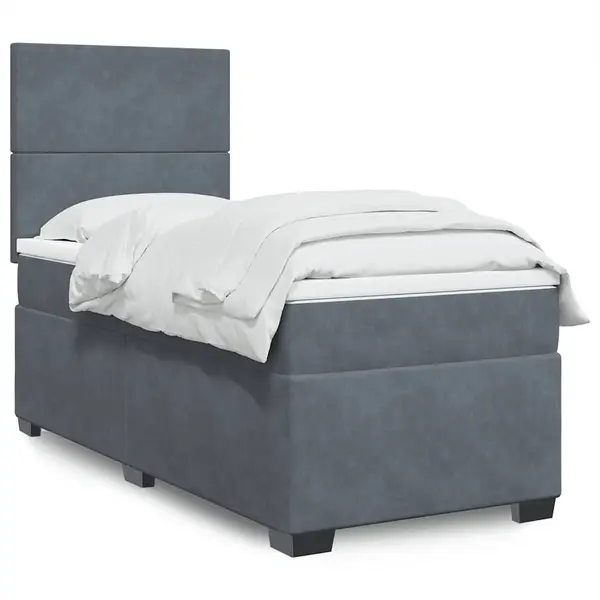 Gossi pat box spring cu saltea, gri inchis, 90x190 cm, catifea